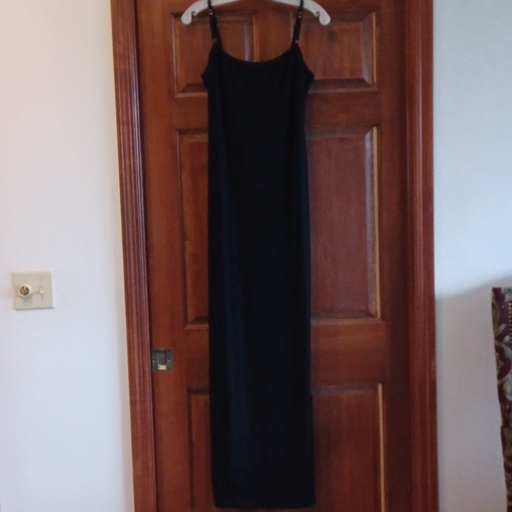 City Triangles Vintage Black Bodycon Gown, back slit, 16" ptp, 60" long